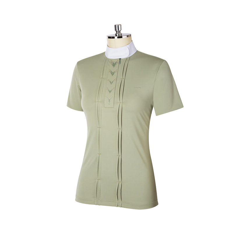 Animo brand women's olive green equestrian polo shirt on mannequin.