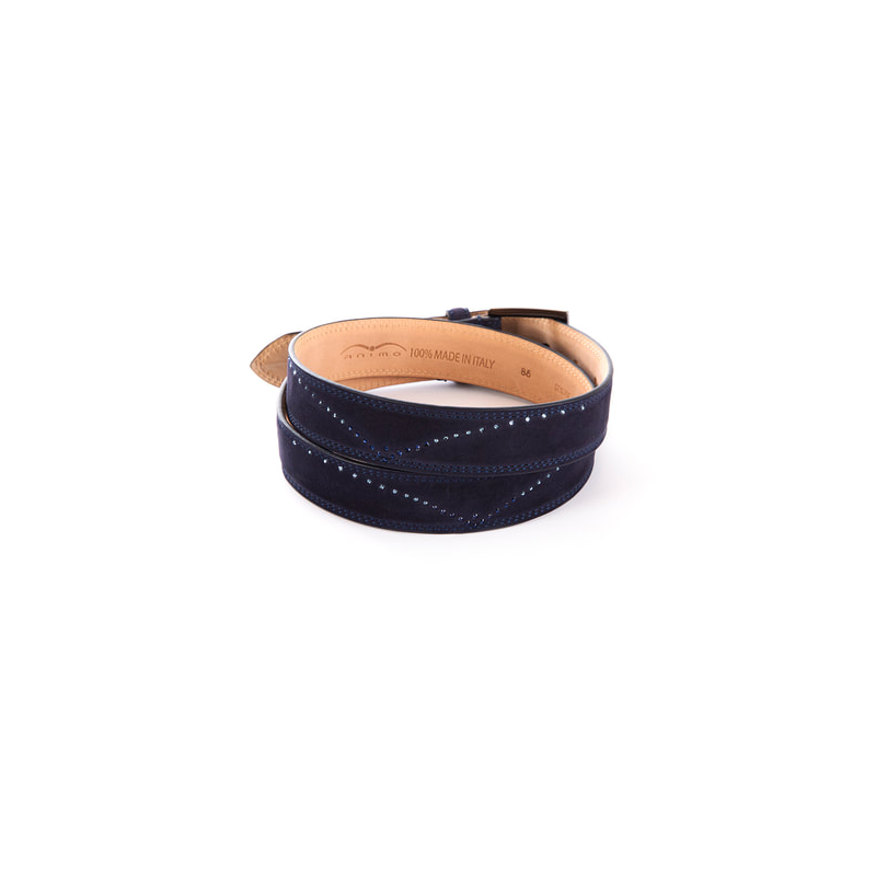 Animo brand blue leather belt with decorative stitching, isolated on white.