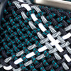 Animo brand car seat cover, black and blue woven pattern.