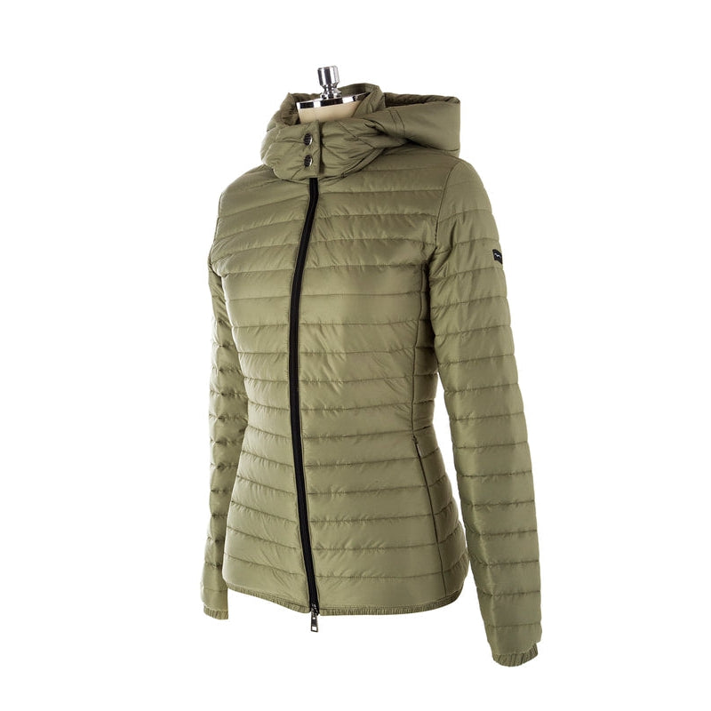 Animo brand olive green quilted women's jacket with hood.