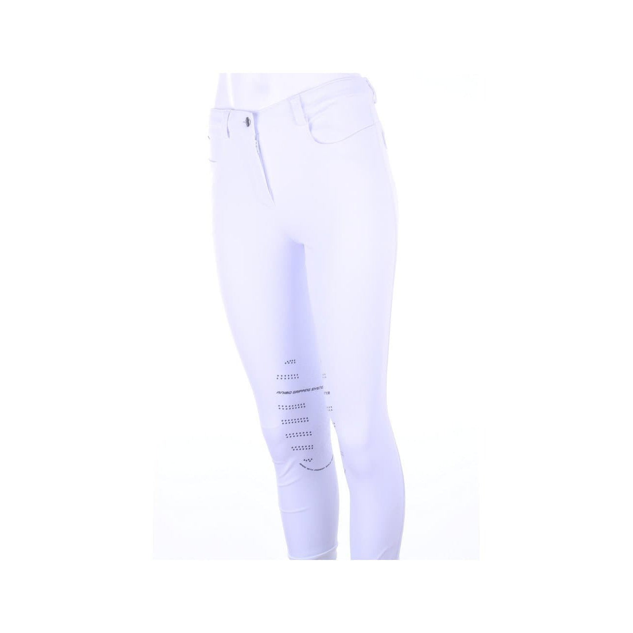 White Animo riding breeches on a mannequin, no background visible.
