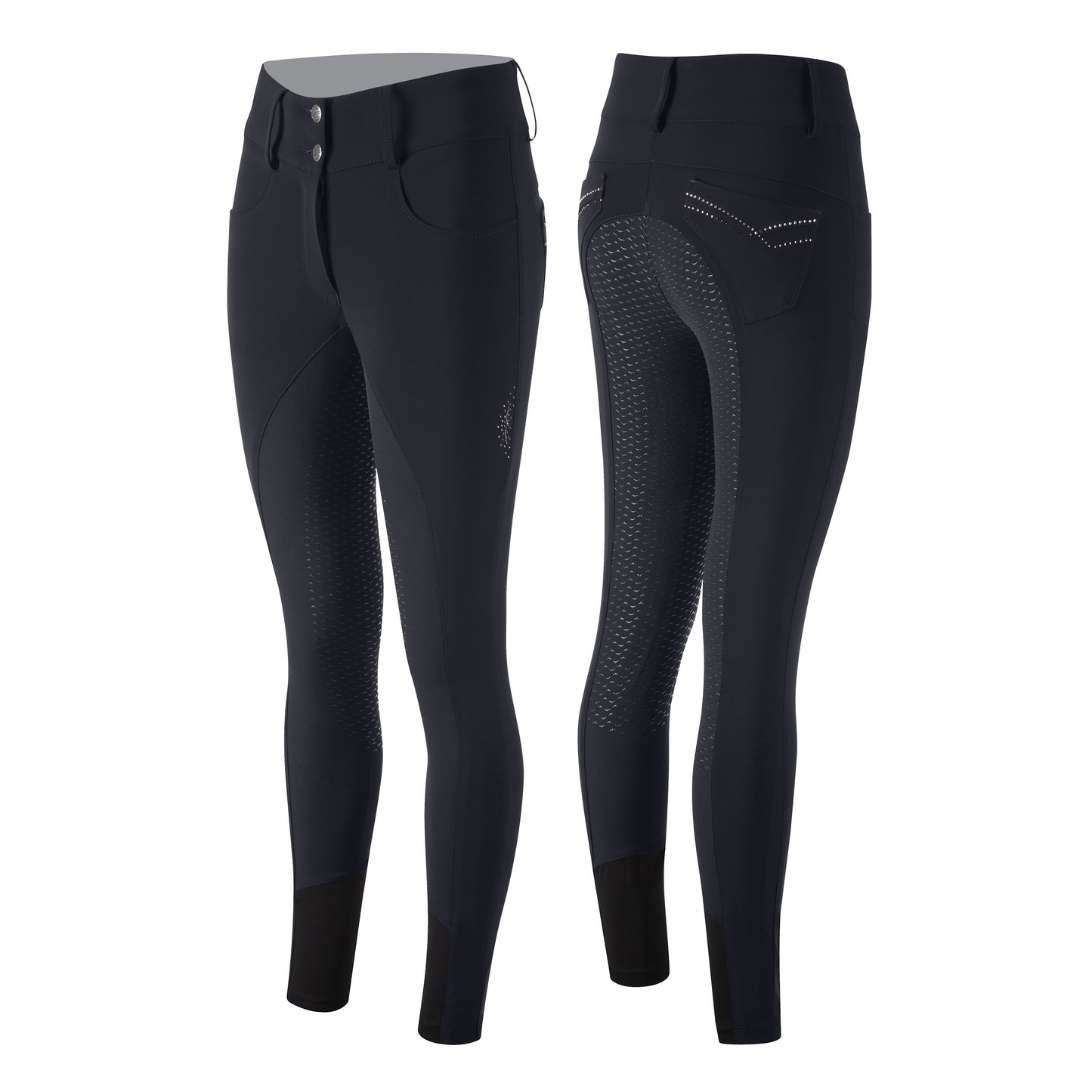 Animo brand women's riding breeches, black with grip detailing.