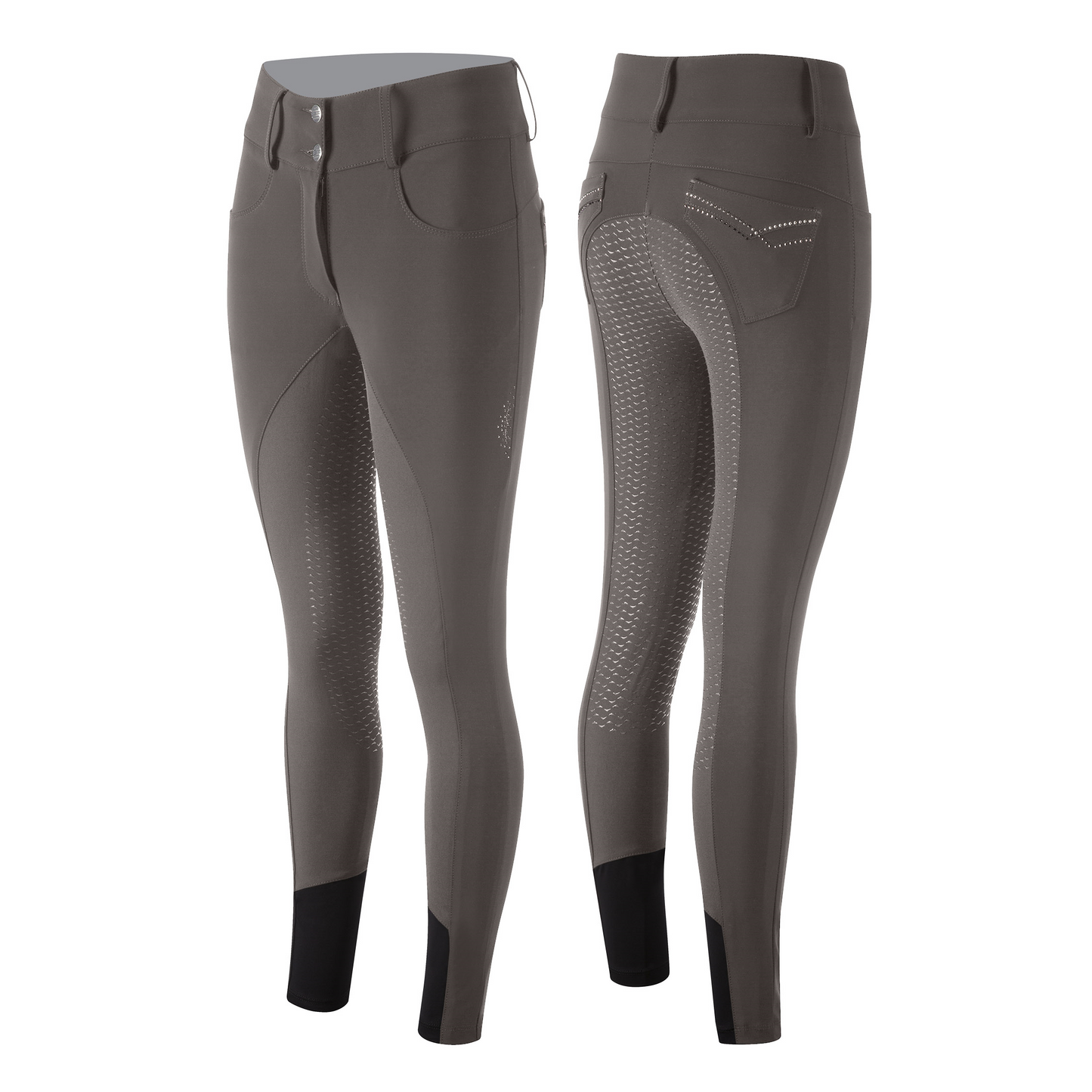 Animo brand riding breeches, gray with grip, front and back view.