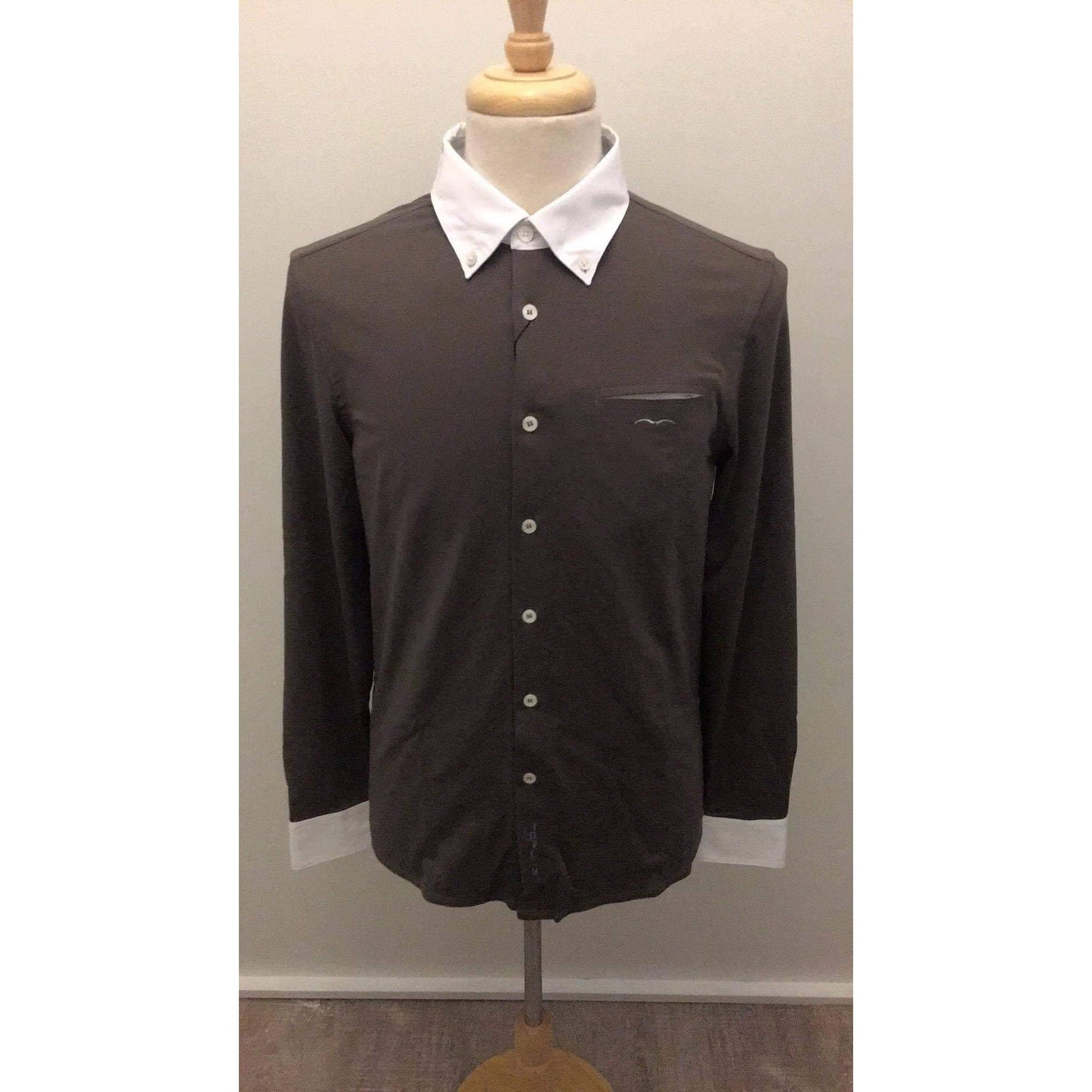 Animo brand men's dress shirt with white collar on mannequin.
