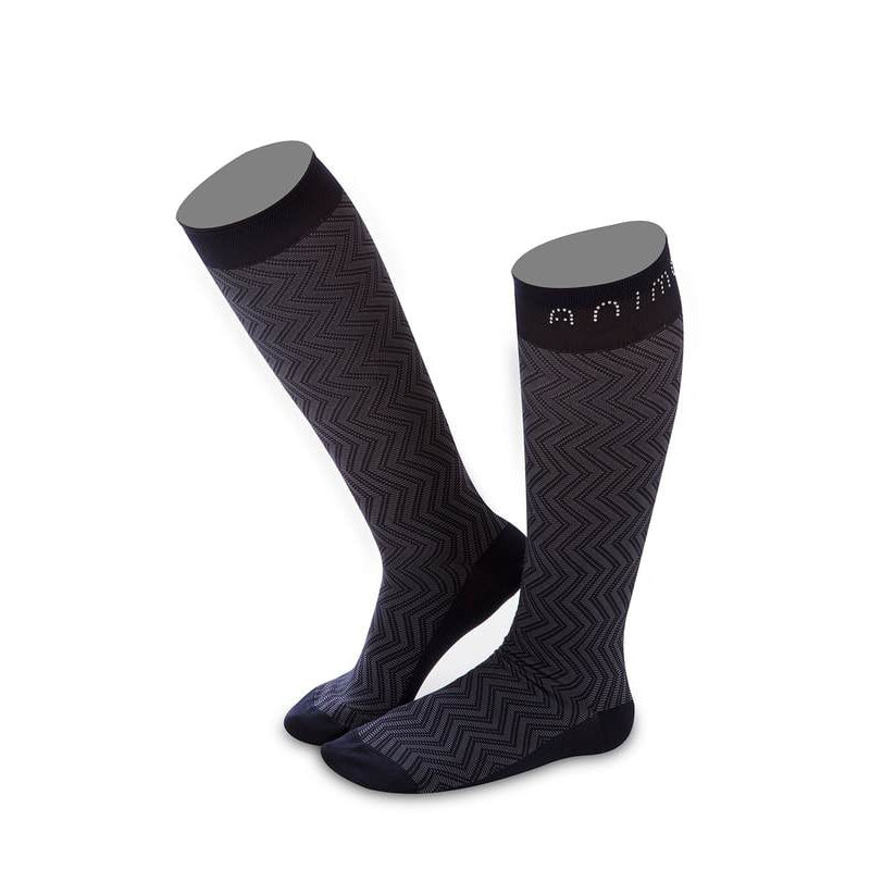 Animo brand riding socks with chevron pattern on white background.