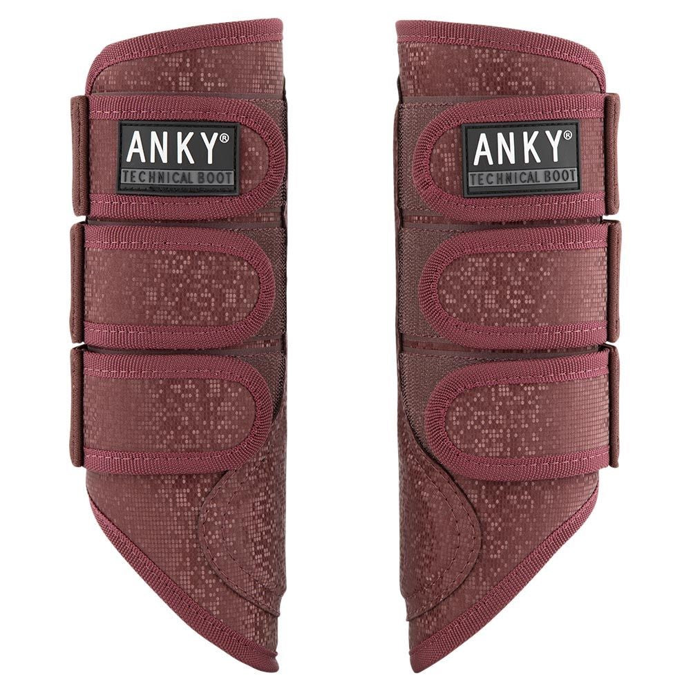 Pair of ANKY maroon technical horse boots with hook-and-loop fasteners.