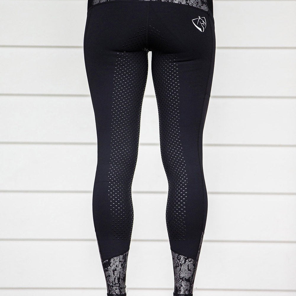 Back view of black horse riding tights with mesh pattern details.
