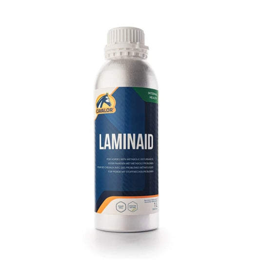 A bottle of Cavalor LaminAid supplement for horses with metabolic disturbances, isolated on a white background.