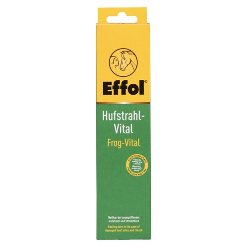 Box of Effol Hufstrahl-Vital Frog-Vital hoof care product with yellow and green packaging, featuring a horse logo and text, used for treating horse hoof thrush.