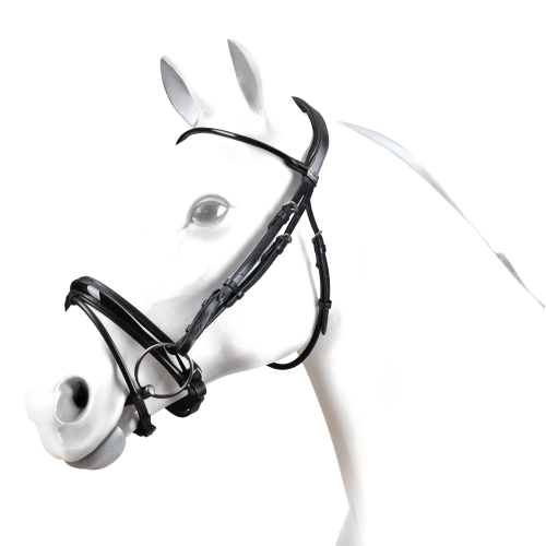 Black Equipe bridle, classic style, on a white horse mannequin.