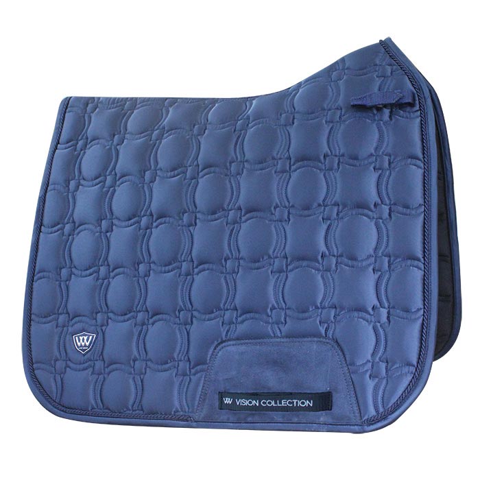 Alt text: "Woof Wear brand blue quilted horse saddle pad, Vision Collection."