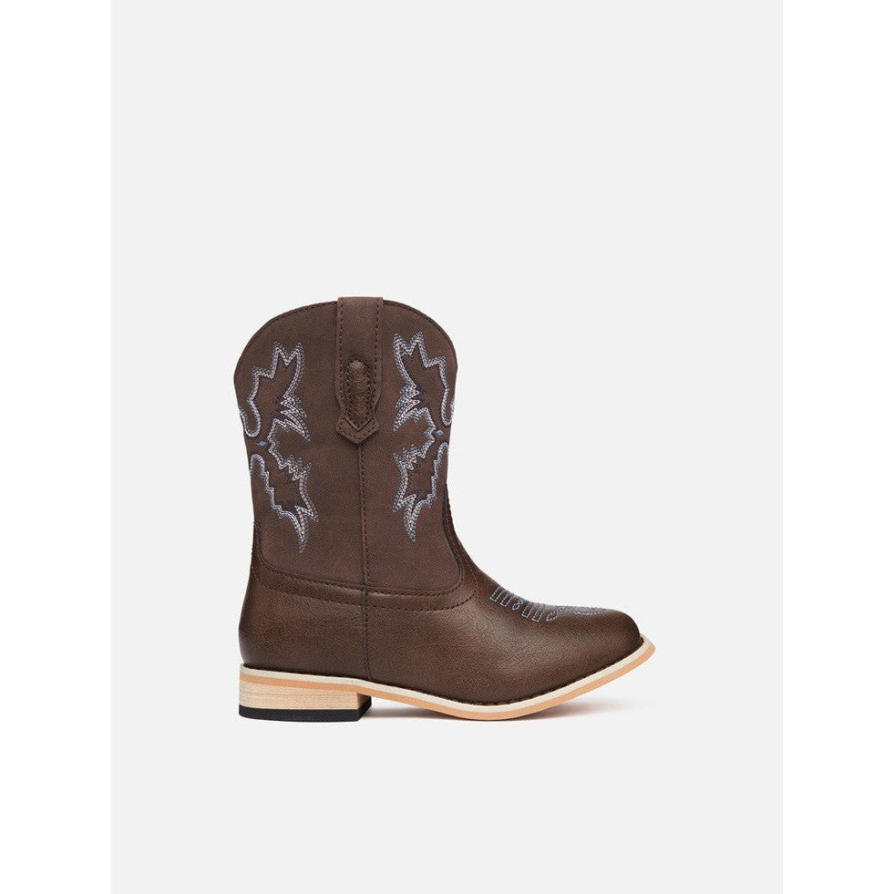 Baxter Boots brand brown cowboy boot with decorative stitching.