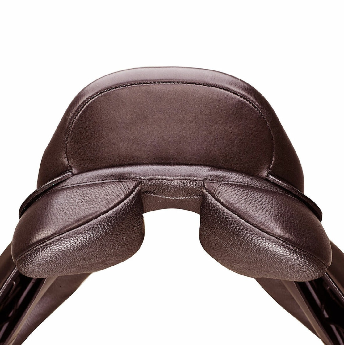 Arena Saddles brown leather horse saddle, close-up on seat design.