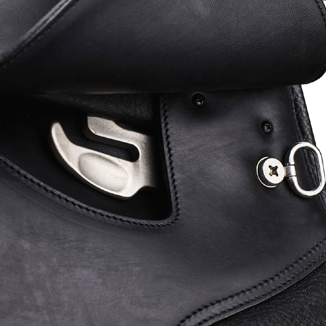 Close-up of black Arena Saddles stirrup and leather craftsmanship.