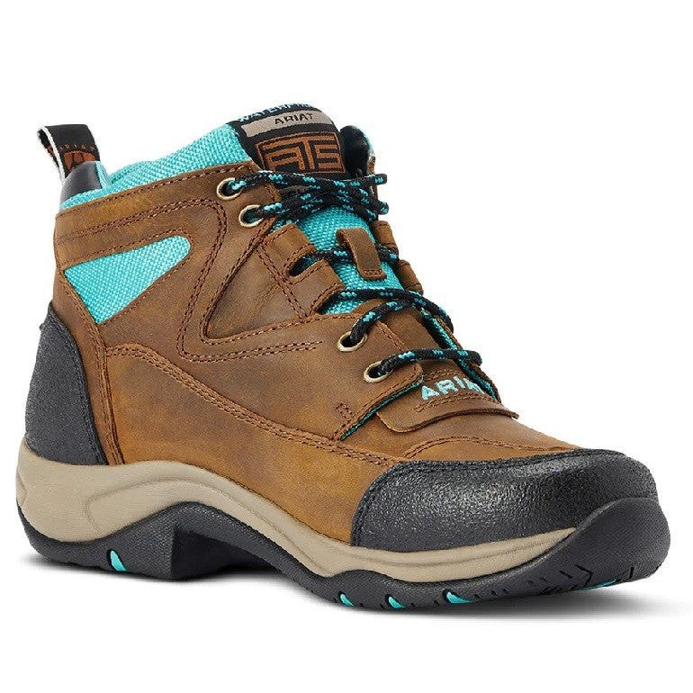 Brown and Turquoise Ariat Terrain H20 Boots for Women-Ascot Saddlery-The Equestrian