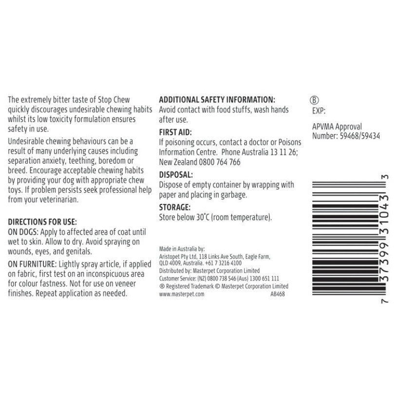 Aristopet Stop Chew spray label with usage directions and safety information.