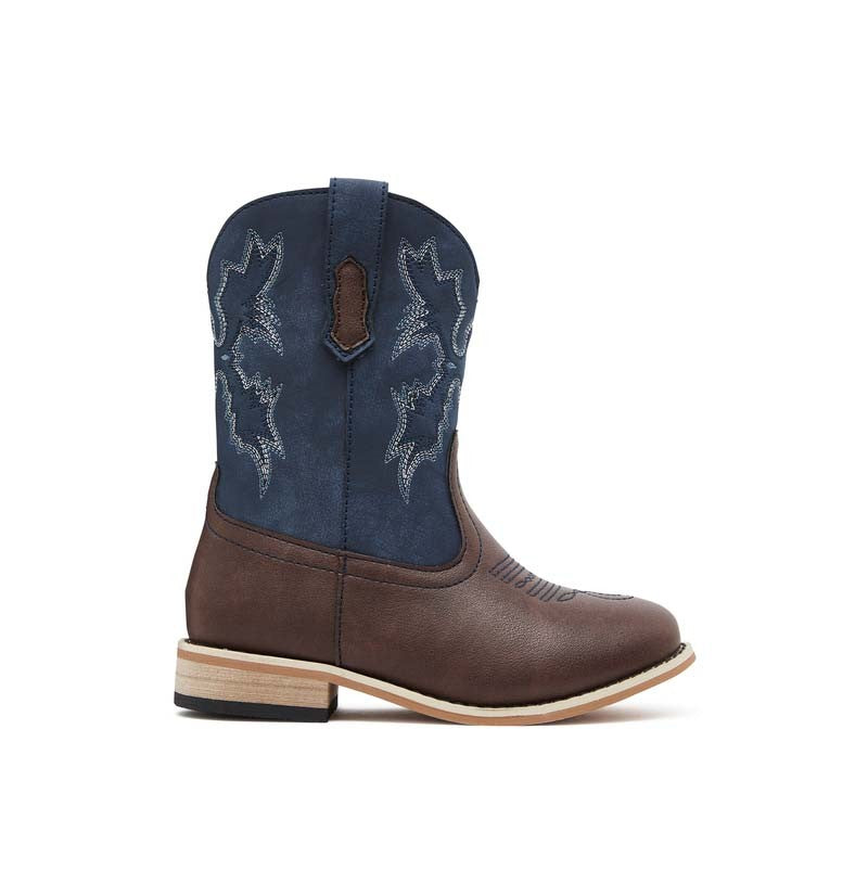 Baxter Boots brand, blue and brown cowboy boot on white background.