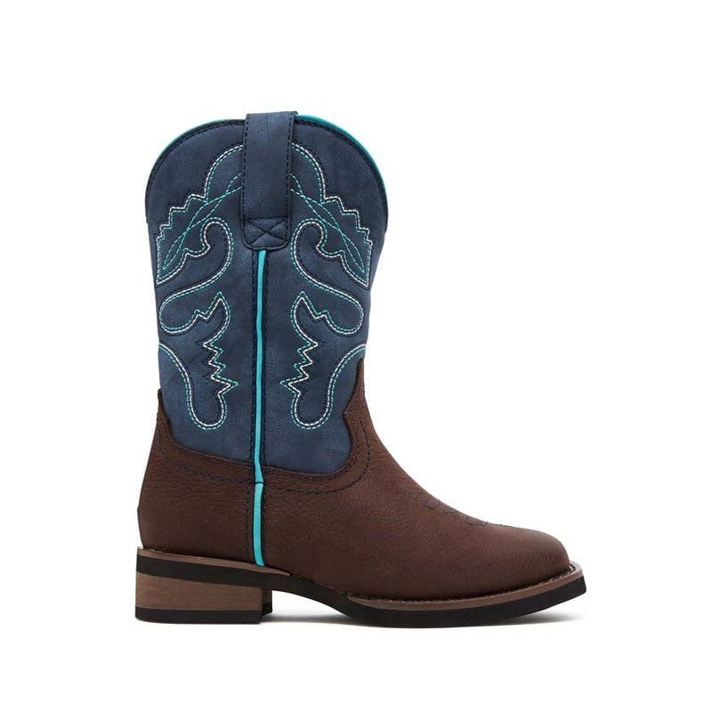 Baxter Boots brown cowboy boot with blue stitching and trim.