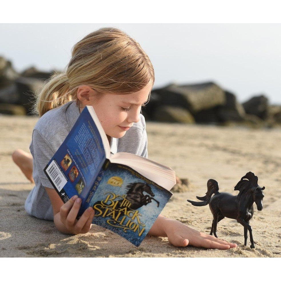 Child reading with Breyer Horse Toy on sandy beach.