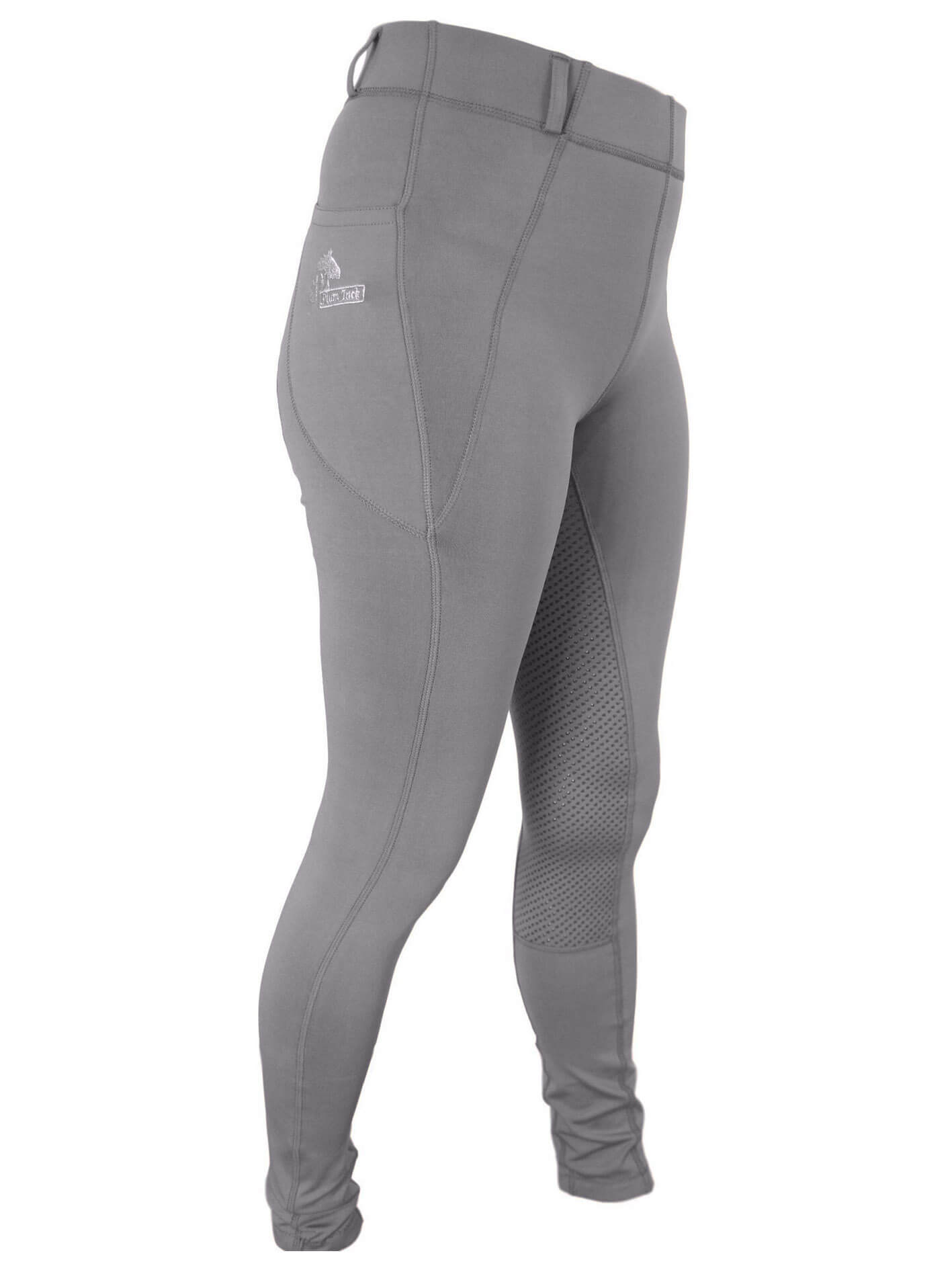 Woman modeling gray Horse Riding Tights with mesh panel details.