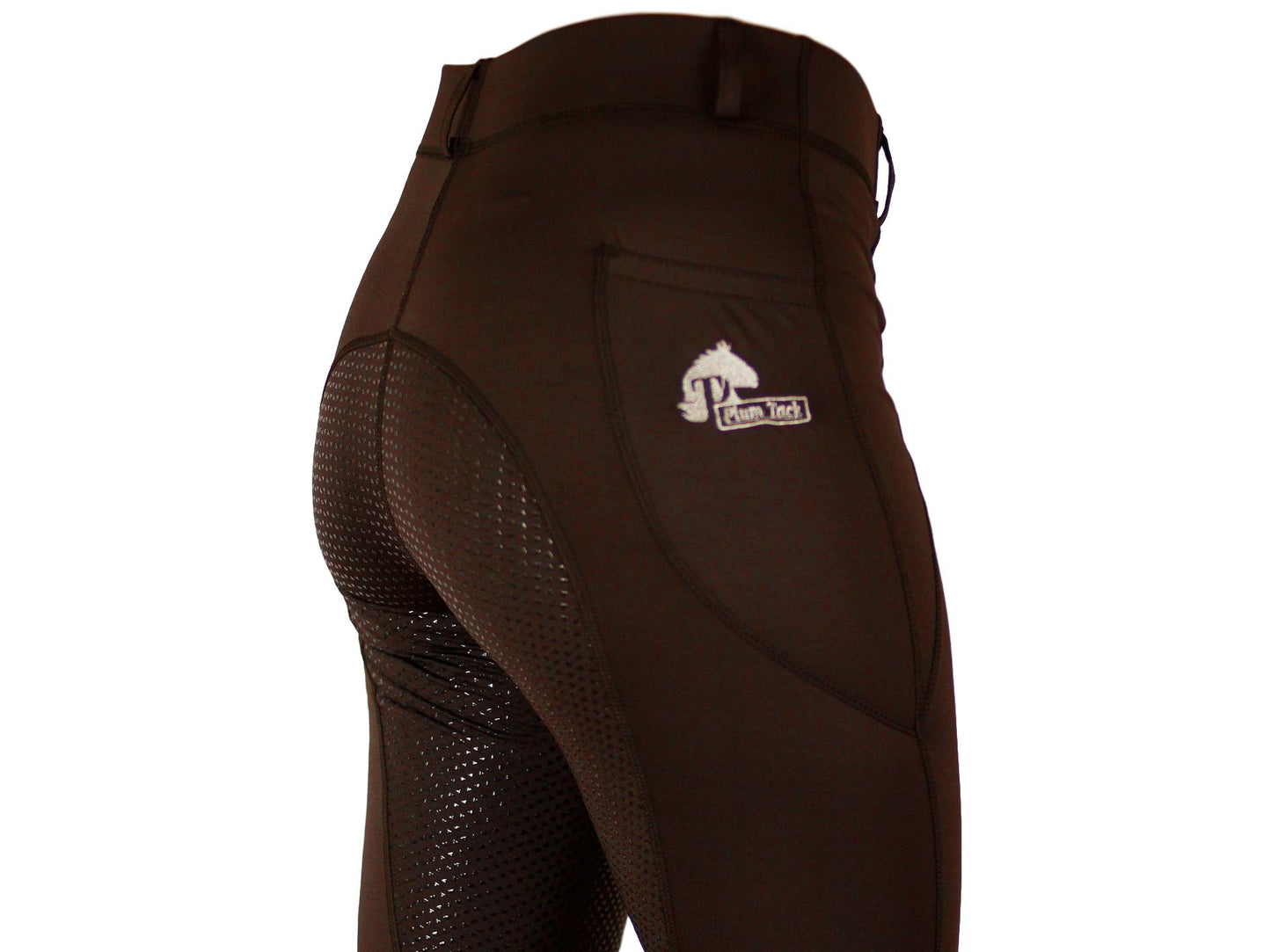 Close-up of brown horse riding tights with mesh detail and logo.