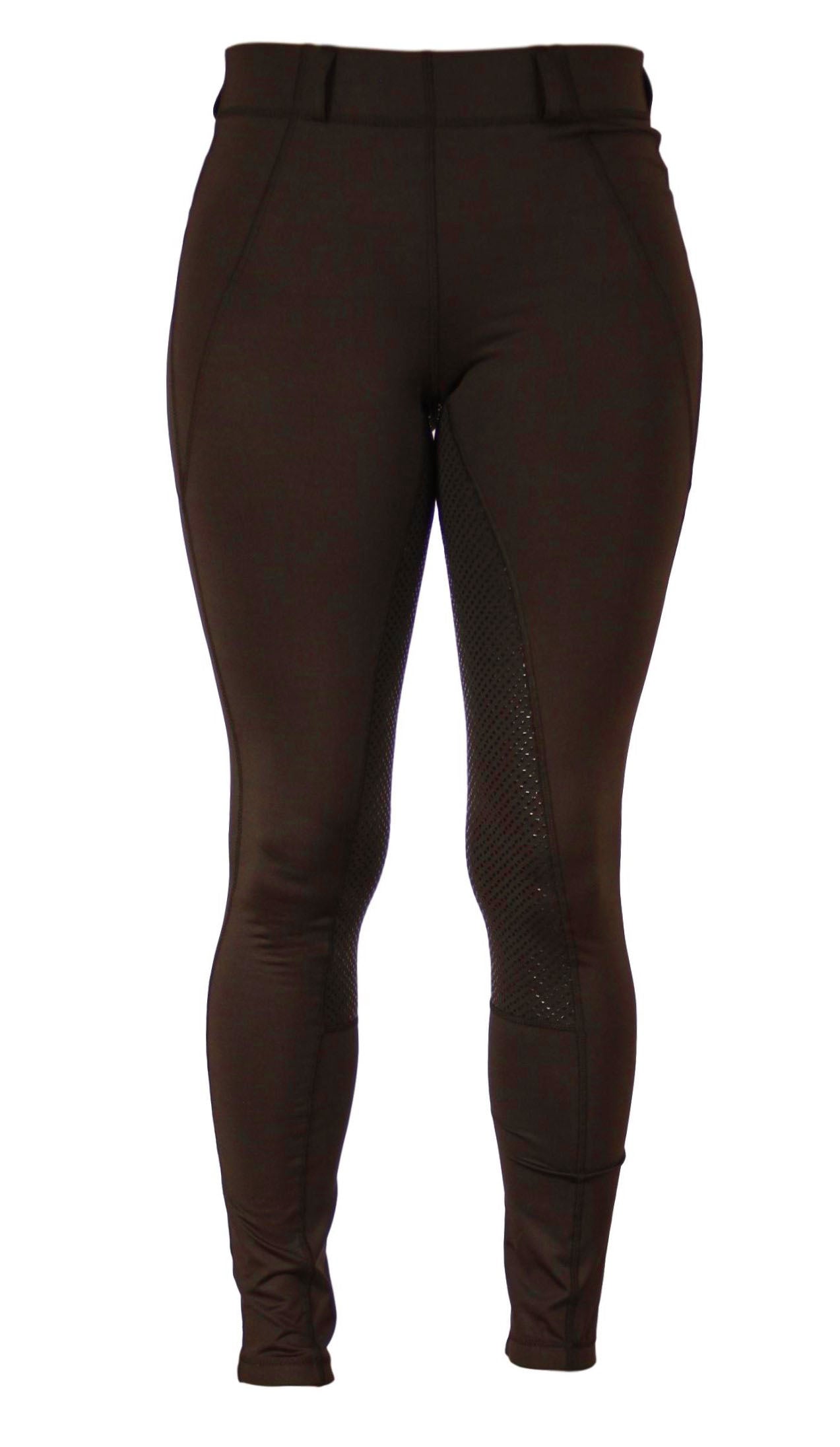 Brown horse riding tights with mesh panels, isolated on white background.