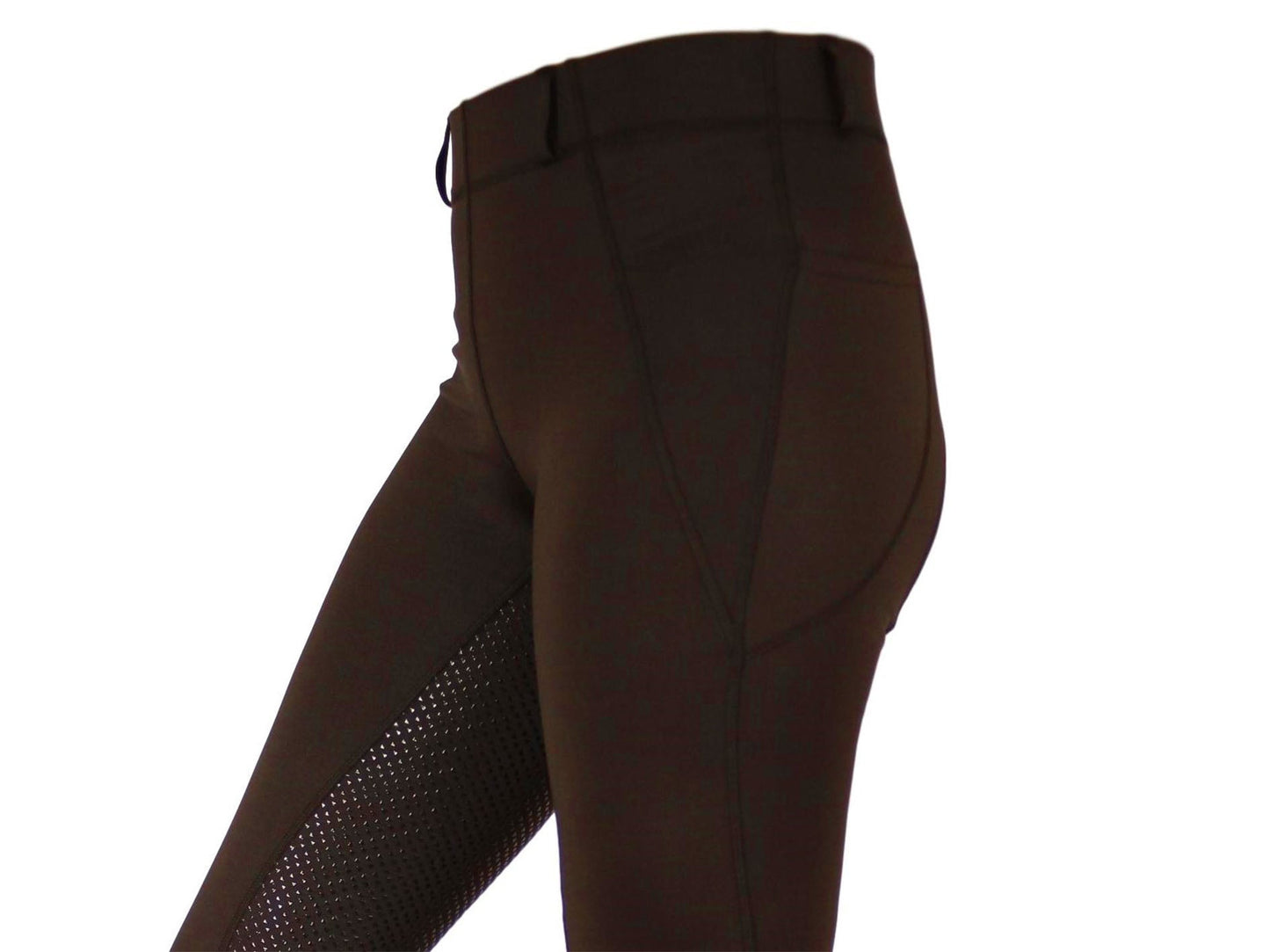 Brown horse riding tights with mesh detail, close-up side view.