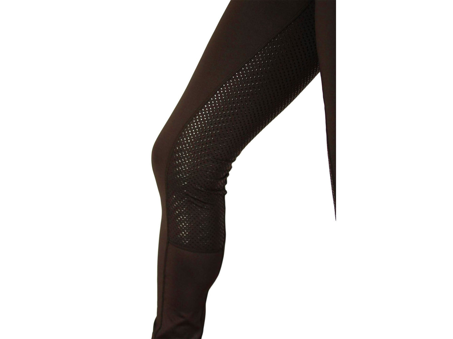 Black horse riding tights with a mesh pattern on the thigh.