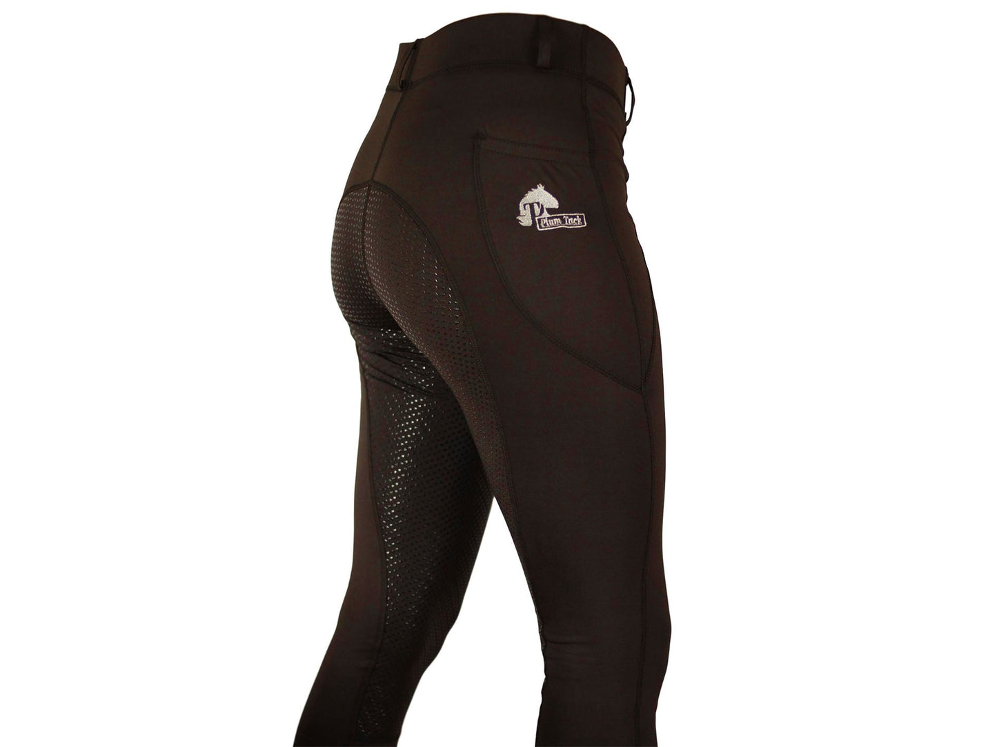Side view of brown horse riding tights with mesh panels.