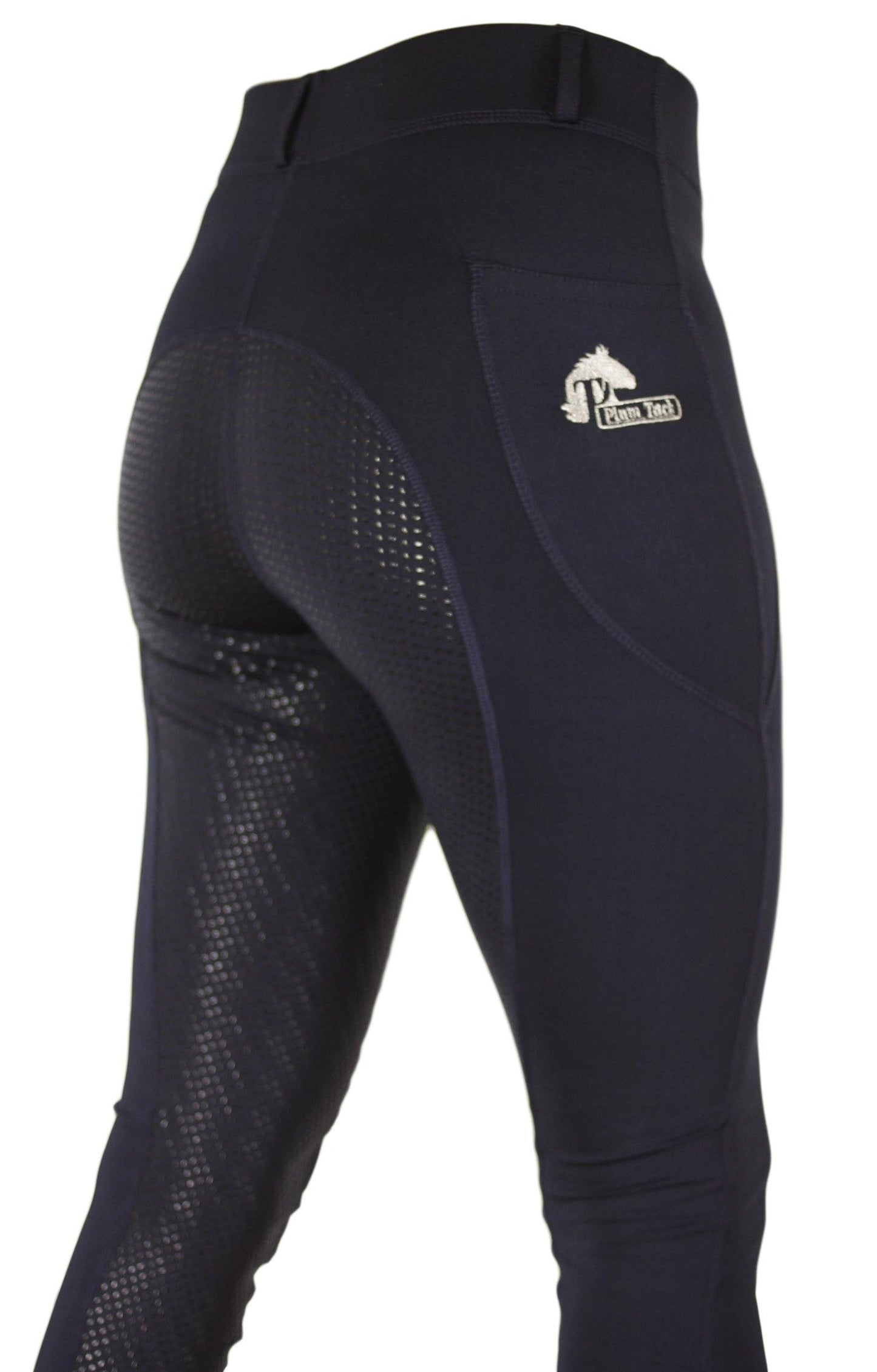 Rear view of navy blue Horse Riding Tights with logo detail.