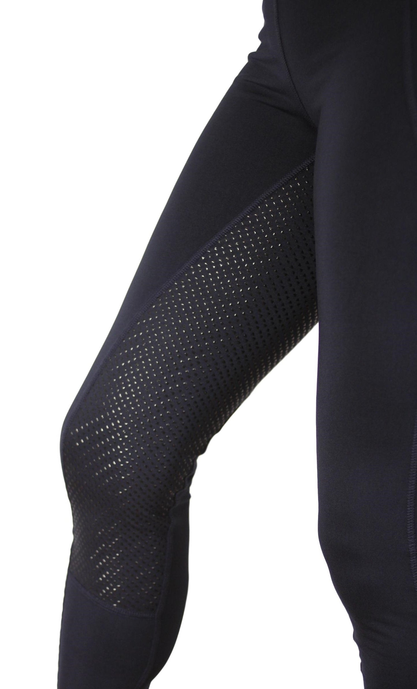 Close-up of black horse riding tights with ventilated thigh panel.