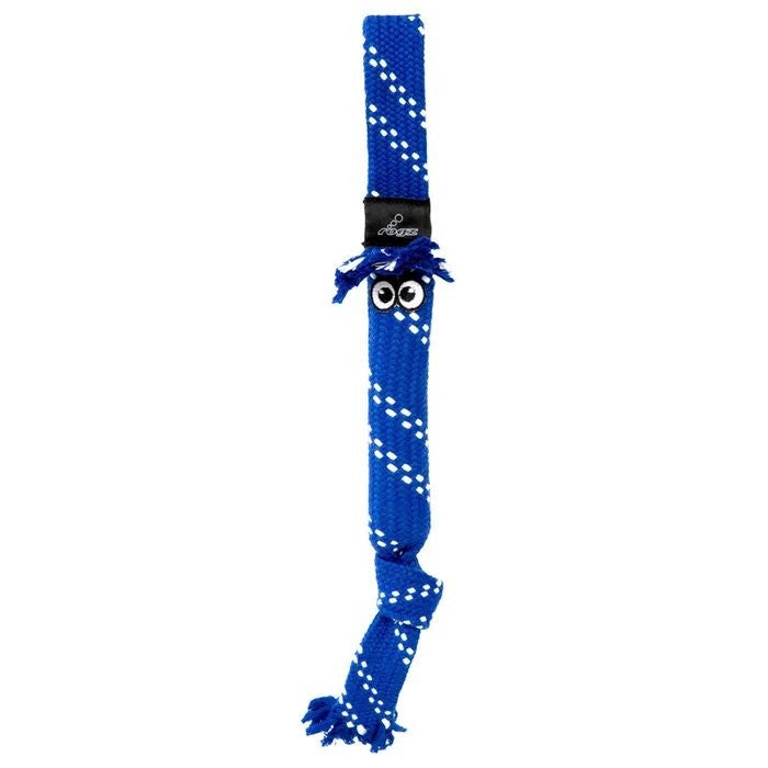 Rogz blue dog toy with knotted tassels and googly eyes.