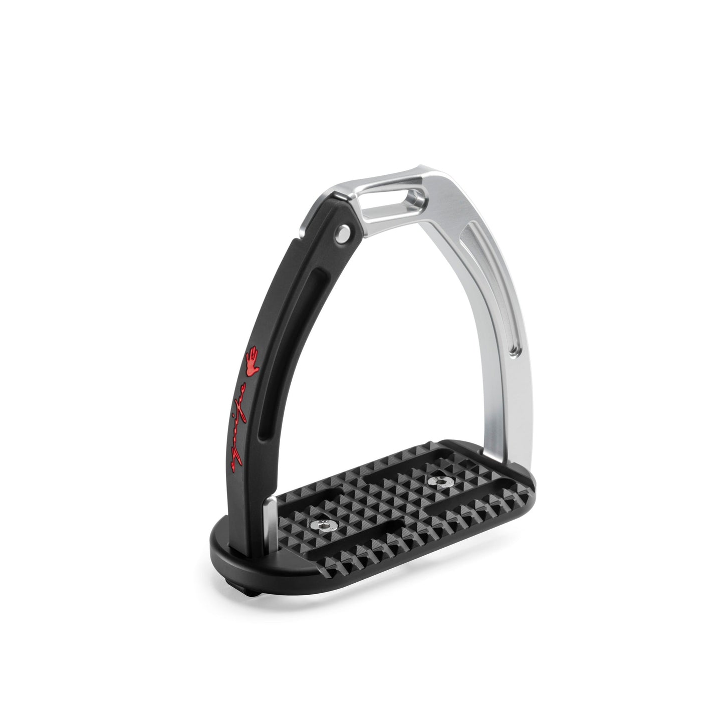 Modern black and silver stirrup leathers with grip tread on white background.