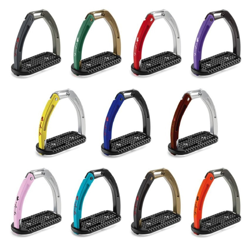 Variety of colorful stirrup leathers for horse riding gear.
