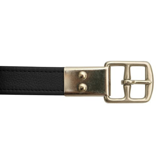 Black stirrup leathers with metallic buckle on white background.