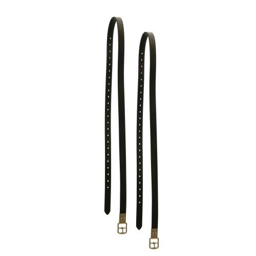Two black stirrup leathers with buckle, isolated on white background.