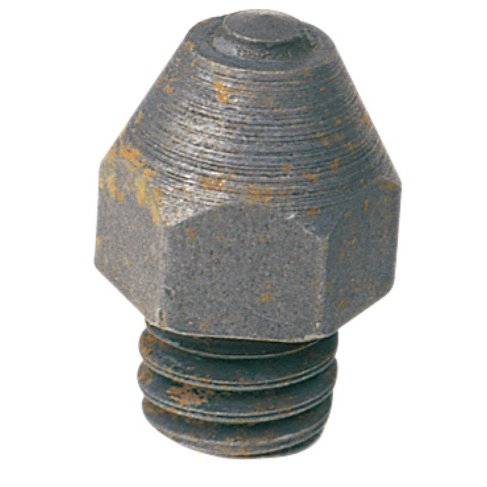 Metal hexagonal grease fitting with threaded end isolated on white.