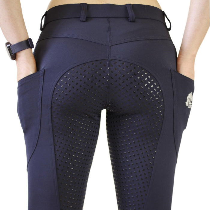 Navy CoolMax breeches back view showing hands in phone pockets