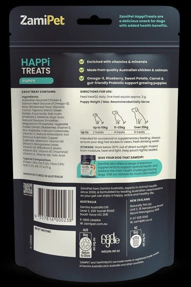 ZamiPet Happi Treats puppy supplement packaging with nutritional information.