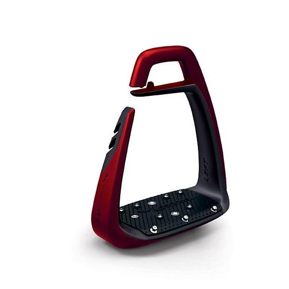 Modern black and red stirrup leathers on a white background.