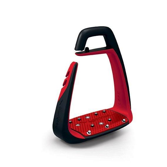 Red and black stirrup leathers with metal grip on white background.