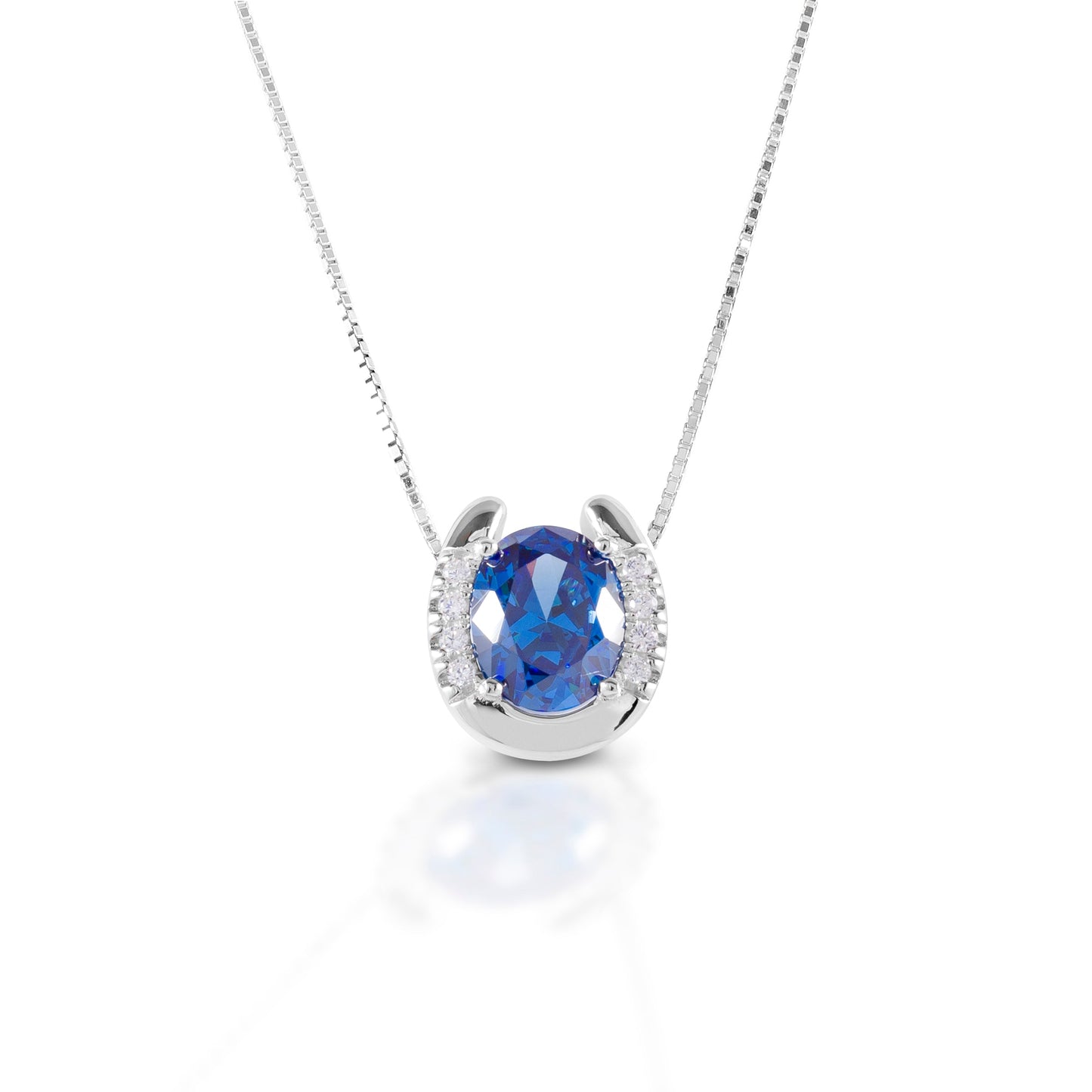 Kelly Herd jewelry, blue gemstone necklace with silver chain on white.