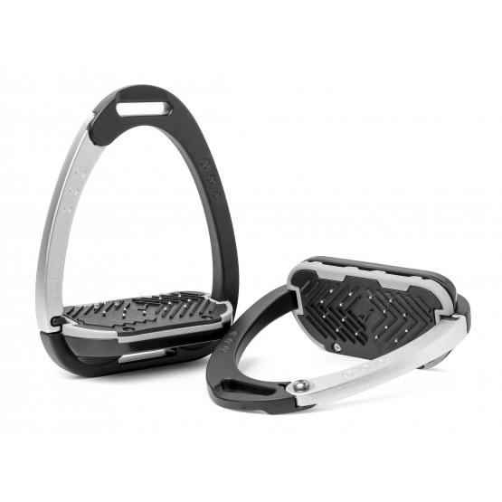 Pair of modern black and silver stirrup leathers on white background.