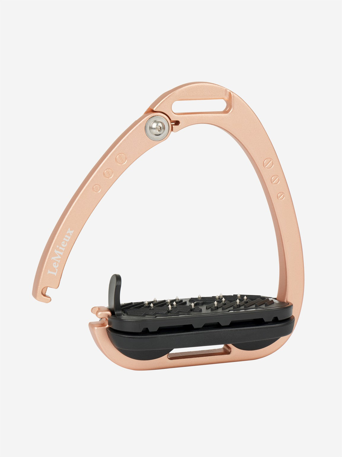 Rose gold-colored stirrup leathers with black tread isolated on white.