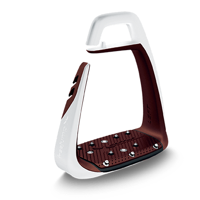 Brown and white stirrup leathers with metal grip dots, isolated on white.