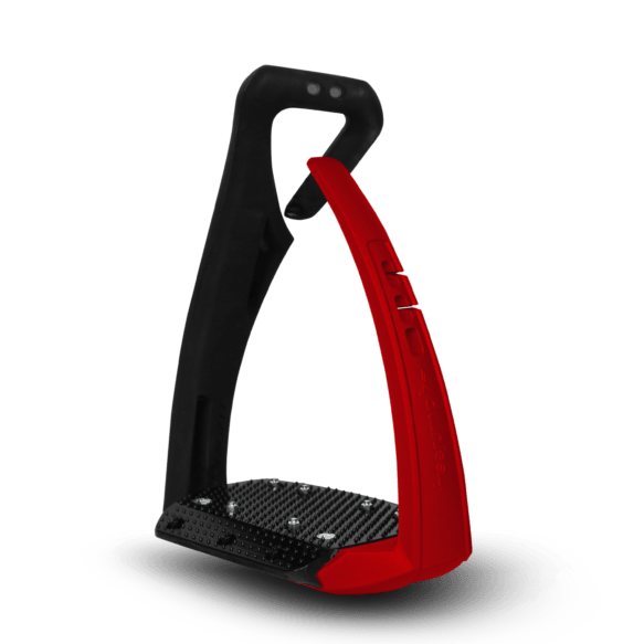 Black and red stirrup leathers with modern design on gray background.