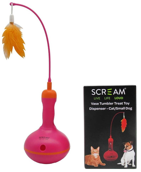 Cat Toy Scream Vase Tumbler Treat Dispenser 28cm Pink & Orange