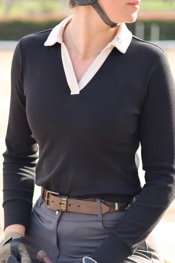 HLH Contrast Cotton Long Sleeve Polo In Black