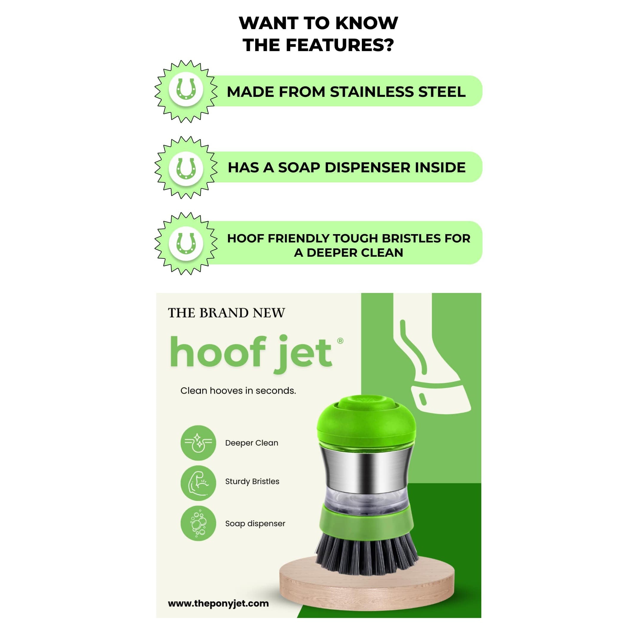 Advert for "Hoof Jet," a hoof cleaning brush with soap dispenser, stainless steel construction, and tough bristles, claiming a deeper clean for hooves.