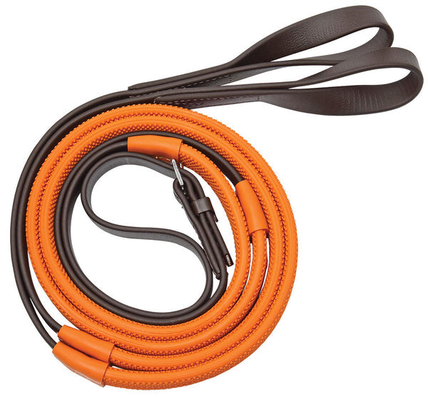 Pvc Epsom Race Reins Loop End Brown & Orange Grips-HORSE: Racing & PVC-Ascot Saddlery